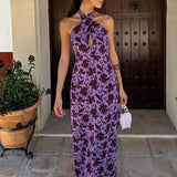 Purpdrank  Summer Sexy Halter Sleeveless Long Dress Women's Elegant Floral Print Boho Dress Fashion High Waist Hollow Out Party Dress