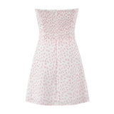 Purpdrank  Sexy White Pink Flower Print Bow Ribbon Strapless Dress Women Slim Waist Backless Mini Dresses A-lined Short Robe