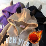 Purpdrank  Trendy Fleece-Lined Little Devil Horn Cardigan Hooded Sweater High Street Loose All-Match Couple Top for Men And Women