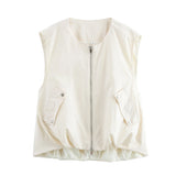 Purpdrank  Fashion Retro Round Neck Casual Solid Color Vest Women's Trend Loose Zipper Coat Sweatshirt Street Joker New
