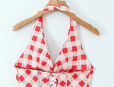 Purpdrank  Sexy Red Plaid Halter Collar Front Hook Buttons Slim Tank Top Women Bow Cross Bandage Lacing Up Back Zipper Camisole Summer Vest
