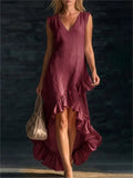 Purpdrank  Elegant Cotton Sleeveless Long Dresses For Women  Summer Solid Color V-neck  Party Maxi Dress Casual