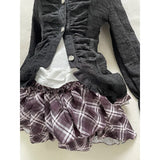 Purpdrank  Japanese Gothic Vintage Elegant Women 3 Piece Set Y2k Black Design Cardigan + Chic Tops + Plaid Skirts New Fashion Retro Outfits