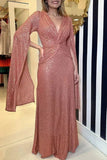 Purpdrank  European Style V Neck Solid Color Long Sleeve Party Club Bodycon Dress Female Elegant Sexy Long Maxi Dresses