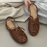 Purpdrank  Retro Hollow Lace-up Low Heel Pumps Women Fashion Roman Style Brand Designer Shoes Comfortable Round Toe Back Strap Casual Shoes