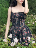 Purpdrank  Sexy Women Black Flower Print Spliced Mesh Bra Corset style Mini Dress Slim Waist Party Skater Bow Lacing up Sling Robe