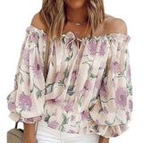 Purpdrank  Women Long Sleeve Off Shoulder Floral Print Summer Causal Lace Up Blouse Tops Shirts Female Blouses Sexy Casual Blouse For Women