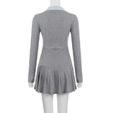 Purpdrank  Korean Preppy Style Grey Dress Women's Patchwork Lapel Collar Button Long Sleeve Slim Fake Two-Piece Pleated Mini Dress