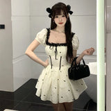 Purpdrank  Fashion Polka Dot Design Sense Splicing Lace Lace Square Collar Dress Women's of Thin Temperament Super Fairy A-shaped Skirt