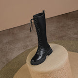 Purpdrank - 2023 New Genuine Leather Lace-up Boots Women Zip Fashion Knee High Boots Thick Fur Winter Warm Motorcycle Boots Platform Boots