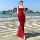 Purpdrank  Red Engagement Dress High-End Luxury Niche Heavy Lace Sexy Corset Bustier Dress Birthday Dress