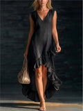 Purpdrank  Elegant Cotton Sleeveless Long Dresses For Women  Summer Solid Color V-neck  Party Maxi Dress Casual