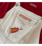 Purpdrank - Fashion Embroidery White Denim Overalls Women Straps Pants High Waist Wide Leg Pants Casual Loose Female Jumpsuit Jeans New