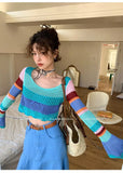 Purpdrank  Flare Sleeve Knitting Pullovers Women Rainbow Stripe Hollow Out Crop Tops Y2K Korean Loose O Neck All-Match Sunscreen Jumper