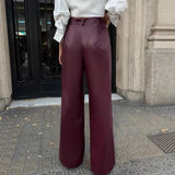 Purpdrank  High Waist Wide Leg Pants Women Casual Office PU Leather Trousers