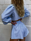 Purpdrank  Plaid Two Piece Sets Women Summer Lantern Sleeve Shirt Tops With Wide Leg Shorts Sets Elegant Fashion Casual Loose Female Suit