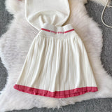 Purpdrank  Korean Sle Student Stripe Knitted T-irt Top High Waist A-Line Skirt Set round Ne ort Sve Casual Faion Ensemble
