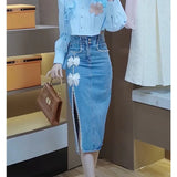 Purpdrank  Jeans Skirts for Women Gyaru Midi Woman Denim Skirt with Slit Cute Kawaii High Waist Clothing Trend 2025 Cheap Chic and Elegant