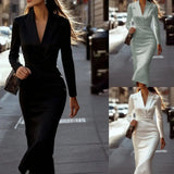 Purpdrank  Elegant Lapel V-neck Temperament Long Dress Fall Casual Long Sleeve Solid Party Dress Spring Fashion Hight Waist Slim Maix Dress