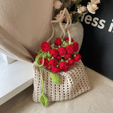 Purpdrank  Rose Crochet Handbag Spring Cute Knitted Shoulder Bag Romantic Designer Floral Hollowed Out Ladies Shoulder Bag Armpit Bag