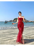 Purpdrank  Red Engagement Dress High-End Luxury Niche Heavy Lace Sexy Corset Bustier Dress Birthday Dress