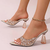 Purpdrank  Elegant Pointed Toe High Heels Slippers Women Summer Fashion Clear Crystal Heel Sandals Woman Shiny Sequins Banquet Party Shoes