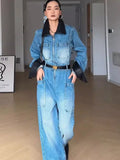 Purpdrank  Retro Polo Collar Workwear Denim Jumpsuit Women'S Spring And Autumn Color Blocked High Waisted Wide Leg Pants
