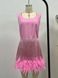 Purpdrank  Sexy Pink Sequined Tassel Faux Feather Two Piece Sets Women 2025 Fashion Y2K Party Club Outfits Summer Tank Tops and Mini Skirts