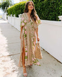 Purpdrank  Summer Women Print Long Dress Sexy V-neck High-Waisted Split  Bohemia V-neck Bat Sleeve Vacation Party Lady Vestido