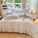 Purpdrank  Flower Skin-friendly Washed Cotton Bedding Set Duvet Cover Set Korean Lace Ruffles Quilt Cover Soft Cover Bed Linen Pillowcases