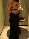 Purpdrank  Black Lace Mesh Maxi Dress for Women Sexy Metal Circle Cut Out Deep V Neck Sleeveless Criss Cross Back Bodycon Party Dress