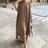 Purpdrank  Summer Solid Women's Tank Dress O-Neck Sleeveless Side Split Korean Straight Long Dresses Female