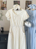 Purpdrank  Korean Style Polka Dot Dress For Women Summer New V-Neck Puff Sleeves Big Pockets Design Long Dresses Gentle Elegant Vestidos