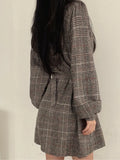Purpdrank  Autumnal Midi Dr with Single Button Closure Puff Sves Waist Cinching Chic Retro Sle Long Sve Commute Wear