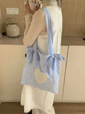 Purpdrank  Blue and White Striped Butterfly Bow Large Capacity Commuting Shoulder Bag