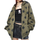 Purpdrank  Y2k Clothes Jacket Women Autumn American Retro Zipper Cute Star Printed Cardigan Green Coat Hoodie Ins Jaquetas