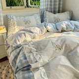 Purpdrank  Korean Princess Style Double Layer Lace Flower Embroidery 100% Cotton Bedding Set Plaid Style Duvet Covers Bed Sheet Pillowcases