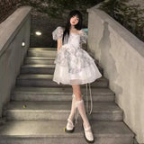 Purpdrank  Princess Style Floral Print Puffy Sleeve Short Dress Women's Summer Tea Break Waist Cinched Bubble Skirt City Walk Dress
