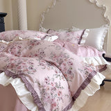 Purpdrank  500TC Egyptian Cotton Vintage French Rose Flowers Print Ruffles Bedding Set Duvet Cover Flat/Fitted Bed Sheet Pillowcases 4Pcs