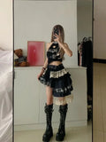 Purpdrank  Summer Spicy Girl Vintage 2 Piece Sets Y2k Lace Splice Sleeveless Tops + Irregular Mini Skirt Female Punk Style Design Outfits