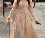 Purpdrank  Girls long dresses Square Neck puff sleeves Floral Long Sleeve Chiffon Dresses Women's clothing Summer vestidos largostraf
원피스