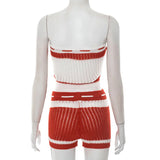 Purpdrank  Striped Sexy Drawstring Knitted Women Two Piece Sweater Short Set 2025 Summer Fashion Hollow Out Tube Top and Mini Shorts Outfit