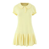 Purpdrank  Cute Youthful Doll Collar Pleated Short Skirt Women's Fashion Mini Dress Bubble Sleeve Waist Cinched College Style Chic