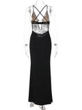 Purpdrank  Black Lace Mesh Maxi Dress for Women Sexy Metal Circle Cut Out Deep V Neck Sleeveless Criss Cross Back Bodycon Party Dress