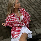 Purpdrank  Fashion Plaid Cotton Women Shirt Blouse Casual Lapel Long Sleeve Shirts Elegant Classic Ruffle Top Female Clothing