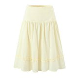 Purpdrank  New Holiday Buttons Low Waist Midi Long Skirt Women Spliced Ruched Wood ears Swing A-lined Skirts Boho Yellow White