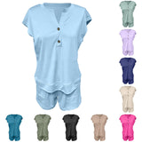 Purpdrank  Women Solid Color Two Piece Set V Neck Half Button Short Sleeve Top And High Waist Shorts With Pockets Soft Casual Office Suits