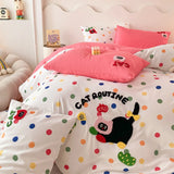 Purpdrank  Cartoon Embroidery Bedding Set Room Decor Breathable Single Double Comforter Four-Piece Set Pillowcases Bed Linens Home Textiles