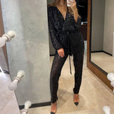 Purpdrank  Jumpsuit Women Sexy V Neck Sequins Long Sleeve Casual Belt Overalls Female High Waist Playsuit Elegant Ladies Party Club Romper