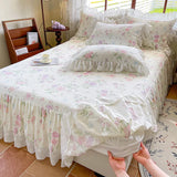 Purpdrank  100% Cotton Korean princess style Floral Lace Ruffles Bedding Set Duvet Cover Set Quilted Bed Skirt Fitted Sheet Pillowcases